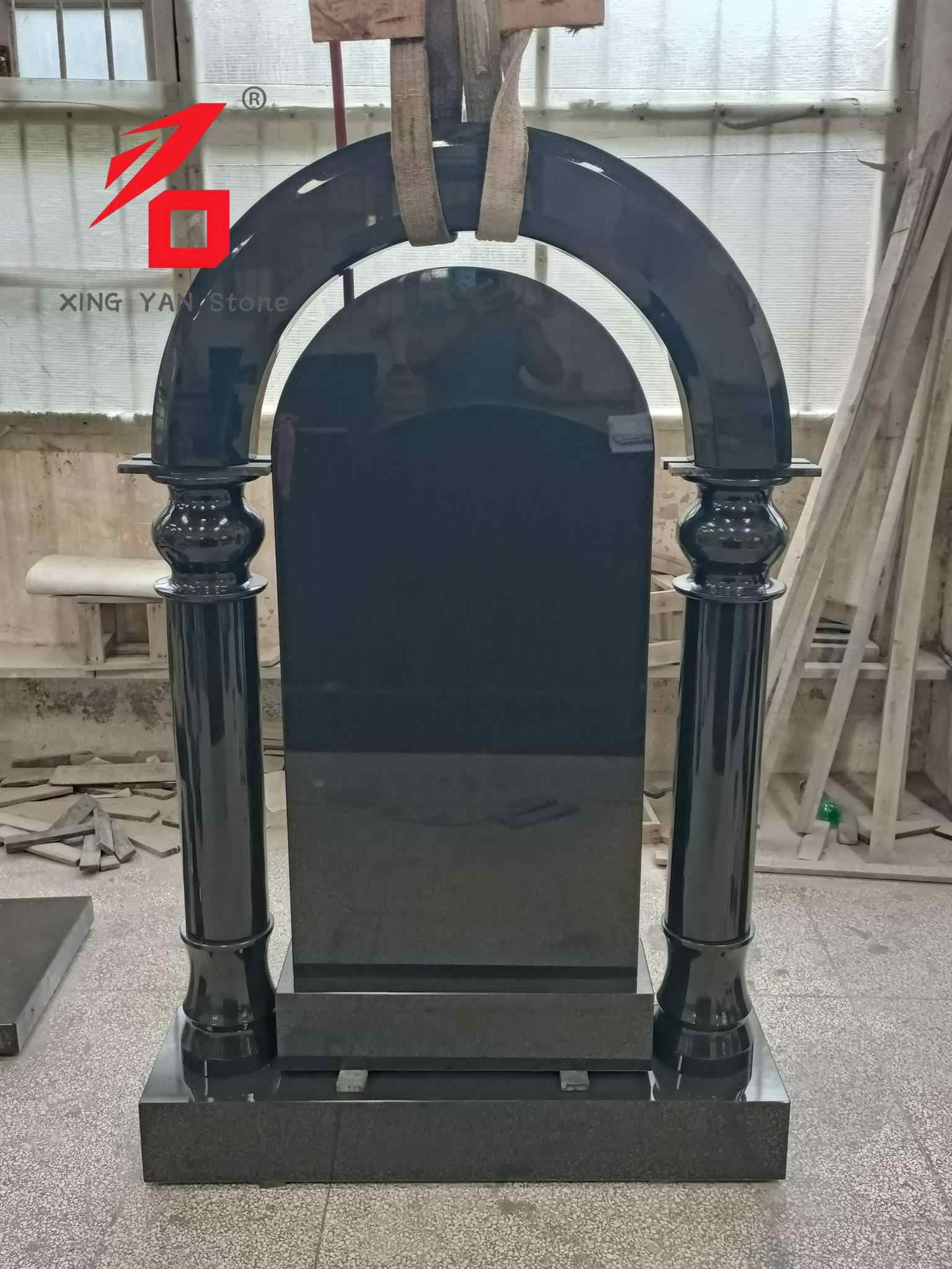 European Style Black Granite Arched Tombstone