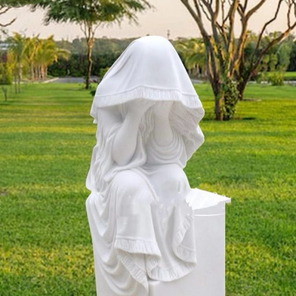 White Marble Figure Statue na may isang Veil - Artistic Memorial Dekorasyon na Sculpture ng Bato